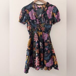 SAL ROSA tropical bird print novelty dress smocked tiered puff sleeve silk blend
